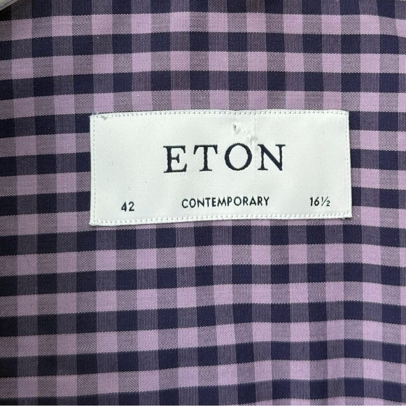 Eton Contemporary Fit Button Dress Shirt Size 42 Neck 16.5 Cotton Purple Check - Picture 6 of 7